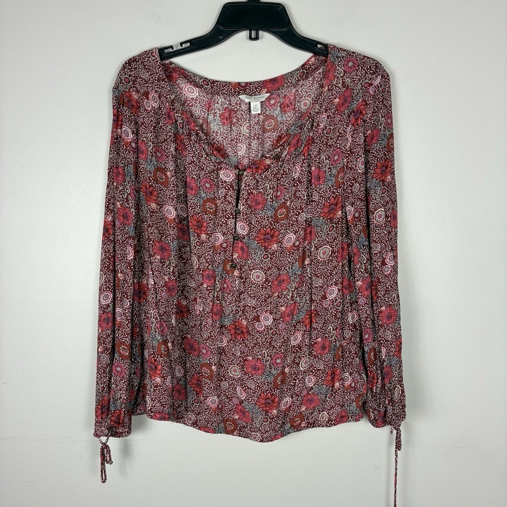 Lucky Brand Boho Top Peasant Red Long Sleeve Burgundy Red Sz L Casual Viscose